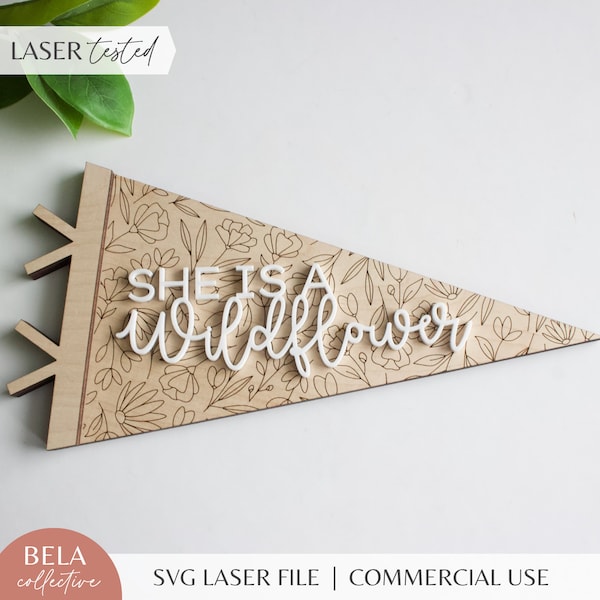 SVG She Is A Wildflower Pennant Flag Scoring File | Wood and Acrylic Baby Kids Wall Art | Digital Cut File for Glowforge Lasers