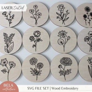 Set SVG di 12 modelli di ricamo per taglio laser, set floreale del mese di nascita, progetto per principianti Glowforge, file di taglio floreale