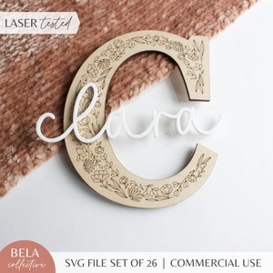 SVG alfabeto completo di fiori selvatici / cartello personalizzato con nome per bambina / arte murale in legno e acrilico per bambini / file di taglio digitale Glowforge Lasers