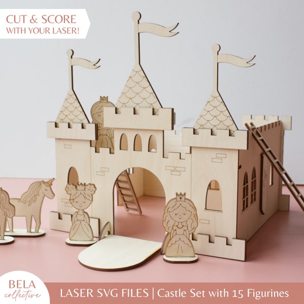 Château SVG Ensemble de fichiers de notation pour la découpe laser | Princesse, licorne, prince, chevalier, sorcier, fée marraine, figurines de dragon | Maison de poupée à monter soi-même