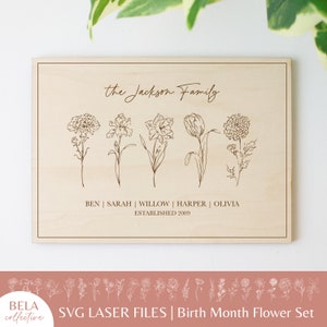 SVG Geburt Monat Datei Set | Holzschild Familie | Vintage moderne Blumenkunst | Einfaches Laserschneiden von Holzgravurmustern