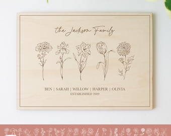 Conjunto de archivos SVG de mes de nacimiento / Letrero de madera con nombre de familia / Arte floral moderno vintage / Patrones de grabado en madera con corte láser fácil