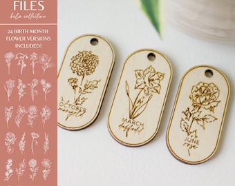 Conjunto de archivos SVG para el mes de nacimiento / 48 llaveros florales de madera / Arte floral moderno vintage / Patrones de grabado en madera fáciles de cortar con láser