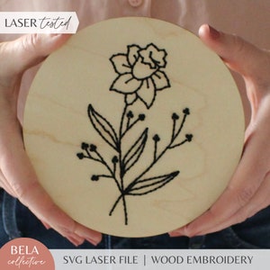 SVG-borduurpatroon voor lasersnijden, geboortemaand maart narcis, Glowforge beginnersproject, bloemen gesneden bestand