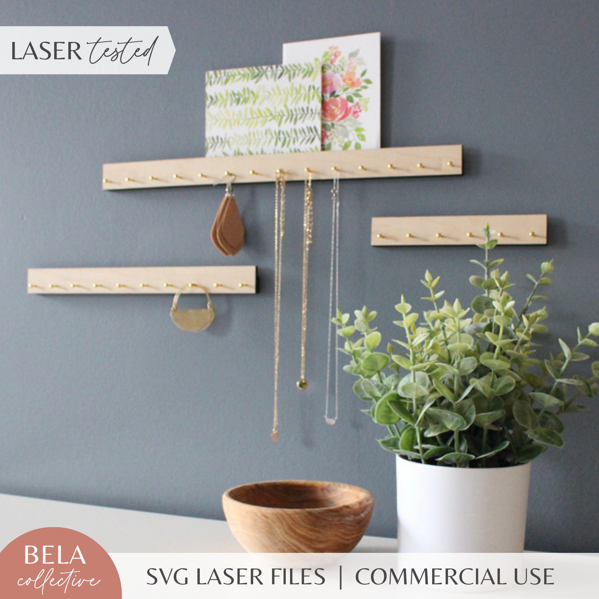 Minimalist Necklace Hanger Trio SVG Laser Cut File for Glowforge, Jewelry Holder Display Bar, Wooden Necklace Organizer Set