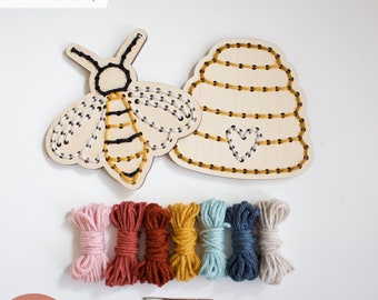 SVG Bee and Beehive Yarn Embroidery Sewing Set for Laser Cutting | Kids First Sewing Project | Craft Kit Modern DIY | Glowforge Cut File