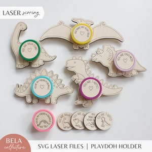 Archivos SVG láser de dinosaurios de Playdoh para San Valentín / Kit de regalo de tarjeta de San Valentín para el aula de madera para niños / T-rex Stegosaurus Triceratops de cuello largo