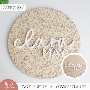 SVG-set met scorerondes voor wilde bloemen | Aangepaste naambord babymeisje | Houten kindermuurkunst | Digitaal snijbestand Glowforge-lasers