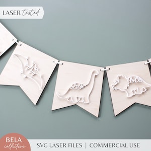 SVG Dinosaurier Wimpelkette | Geburtstagsparty Dekor | Holz Kinderzimmer Dekor | Kinderzimmer Kunst | Schnittdatei Glowforge Lasers | Weißer Dino aus Holz