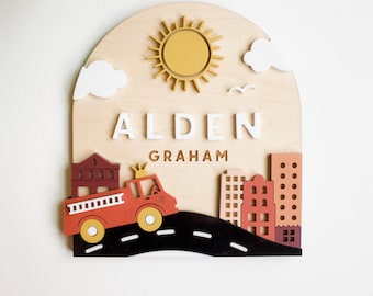 SVG Fire Truck Baby Name Sign | Acrylic Cut File for Laser Cutting | Modern City Baby Wood Decor | Customize Personalized Sign