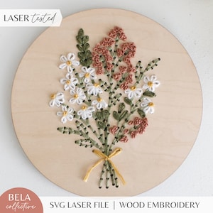 Modello di ricamo a bouquet di margherite SVG per taglio laser, file di taglio del kit per progetti per principianti Glowforge, set di kit per ricamo, modello di punto moderno