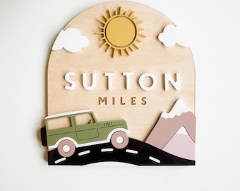 SVG Vintage SUV Baby Name Sign | Acrylic Cut File for Laser Cutting | Modern PNW Mountain Baby Wood Decor | Customize Birth Stats