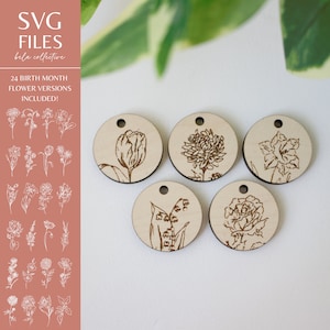 SVG-bestandsset geboortemaand | 24 ronde sleutelhangers van bloemenhout | Vintage moderne bloemsierkunst | Eenvoudige houten graveerpatronen lasersnijden