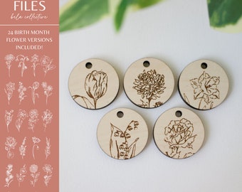 Juego de archivos SVG de mes de nacimiento / 24 llaveros de madera con motivos florales redondos / Arte floral moderno vintage / Patrones de grabado de madera con corte láser fácil