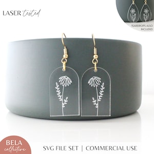 SVG geboortemaand bloem oorbellen set voor Glowforge lasersnijden, gravure gesneden bestand, Moederdag aangepaste sieraden, moderne Arch Drop Stud