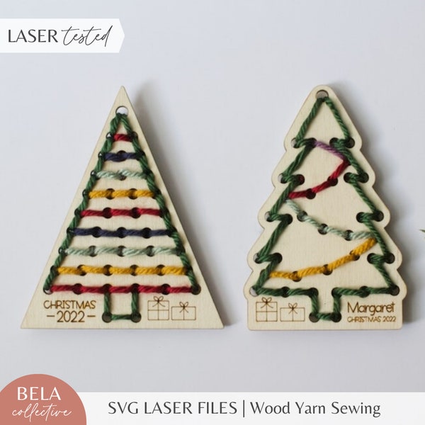 SVG Christmas Tree Ornament Yarn Embroidery Sewing Set for Laser Cutting, Kids First Sewing Project, Christmas Craft Kit, Glowforge Cut File