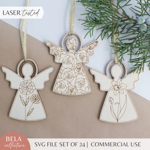 PUNTEGGIO 24 Set di file SVG per ornamenti di angeli del mese di nascita / Legno tagliato al laser Glowforge / Ornamenti natalizi per le feste Bouquet di fiori disegnati a mano