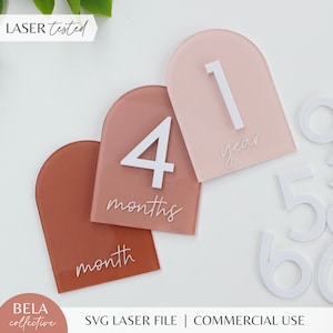 Pietre miliari intercambiabili SVG per neonati - Arco acrilico corsivo - File di taglio digitale per laser Glowforge, decorazioni per neonati di genere neutro, stile MCM