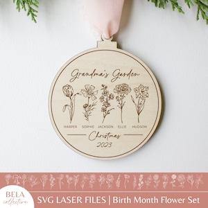 Conjunto de archivos SVG del mes de nacimiento / Adornos navideños personalizados del jardín de la abuela / Arte floral moderno vintage festivo / Patrón de grabado láser