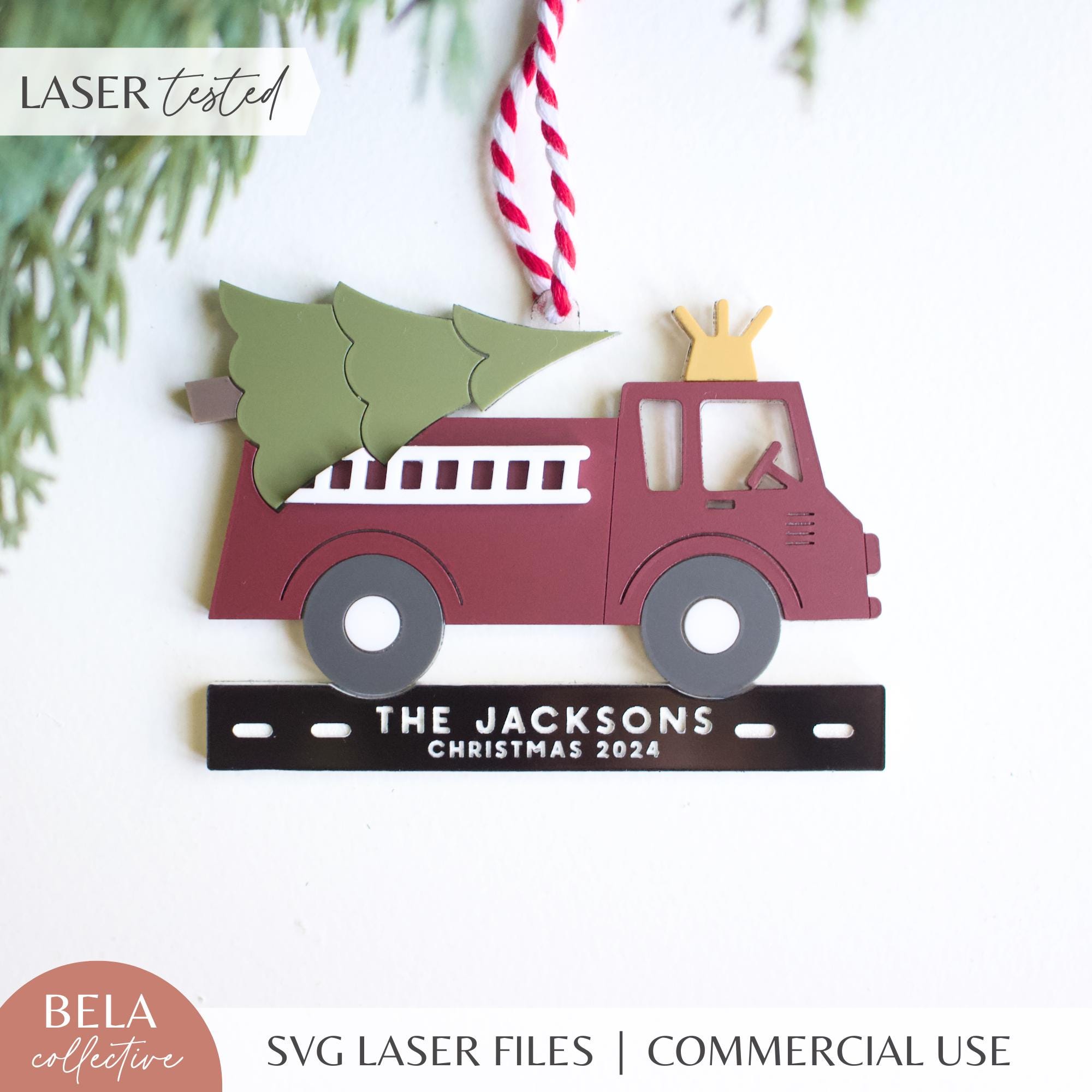 ヴィンテージ消防車のクリスマスオーナメントSVG：パーソナライズされ