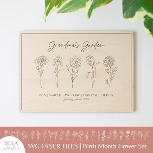 Set di file SVG per mese di nascita / Cartello in legno floreale del giardino della nonna / Arte floreale moderna vintage / Modelli di incisione con taglio laser facili