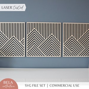 Mountain Trio Wall Art SVG Laser Cut File dla Glowforge, Geometryczny nowoczesny wystrój z drewna, Zestaw do zawieszania na ścianie w stylu Mid Century Modern
