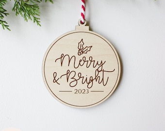 SVG Merry and Bright Ornament for Laser Engraving | Holly Berry Script Ornament | Wood Christmas Decor | Glowforge Easy Cut Files