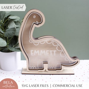SVG Dinosaurier Bank-Dateiset | Holz Kinderzimmer Dekor | Junge Gender Neutral | Kinderzimmer Kunst | Schnittdatei Glowforge Lasers | Holz-Dino