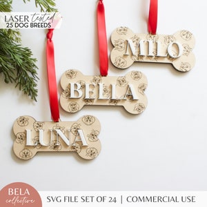 27 razze di cani PUNTEGGIO File SVG per ornamenti ossei / Ornamenti natalizi in legno personalizzati con taglio laser / File Glowforge Easy Cut / Personalizzati