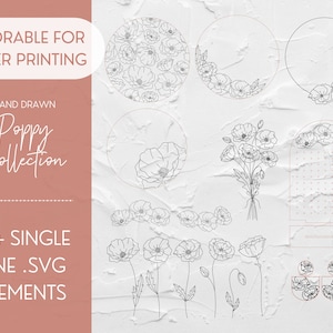 SCOREN Poppy set voor Glowforge lasersnijden, SVG-bestand één regel scorebestand, botanische illustraties bloemen houten cadeau kinderkamer folie ganzenveer