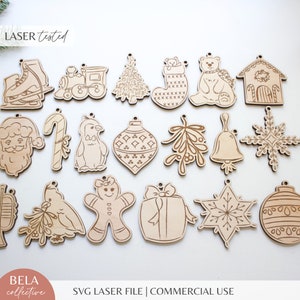 Pacchetto di ornamenti natalizi SVG / Set di 19 ornamenti in legno / Vacanze vintage personalizzate / File Glowforge per incisione e cordonatura laser