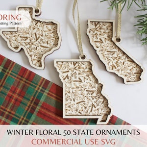 SCORING Winter Floral 50 USA States Ornaments SVG Files | Glowforge Laser Cutting Wood | Christmas Holiday Present Stocking Cut Pattern