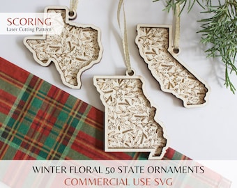 SCORING Winter Floral 50 USA States Ornaments SVG Files | Glowforge Laser Cutting Wood | Christmas Holiday Present Stocking Cut Pattern