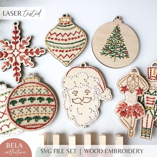 SVG Bundle of Wood Embroidery Patterns For Laser Cutting | Christmas Ornament Set | Glowforge Project Kit | Digital Cut File Santa Tree