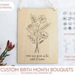 SVG Ramos de flores del mes de nacimiento personalizados / Archivo de puntuación de una sola línea / Corte láser Glowforge / Regalo de San Valentín del Día de la Madre / Pluma de aluminio