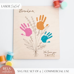 SVG Mother's Day Handprint Sign Set of 4 | Wood Handprint Bouquet | Wooden Kids Gift for Mom Grandma | Glowforge Laser Cutting Files