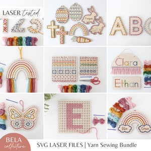 SVG Yarn Sewing Bundle für Laserschneiden, meine ersten Stickstiche Kinder Nähprojekt, Bastelset Modernes DIY, Glowforge-Datei