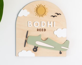 SVG Vintage Airplane Baby Name Sign | Acrylic Cut File for Laser Cutting | Modern City Baby Wood Decor | Customize Personalized Sign