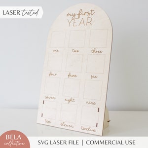 Suporte para fotos em arco de 12 meses do primeiro ano do bebê SVG | Arquivo a laser de marcos para fotos de um ano | Decoração moderna para bebês | Arquivos de corte Glowforge