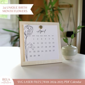 SVG-geboortemaandkalender | Afdrukbare pdf-maanden 2024 en 2025 | Staand bureaublad hout houten kantoordecoratie | Eenvoudig lasersnijpatroon