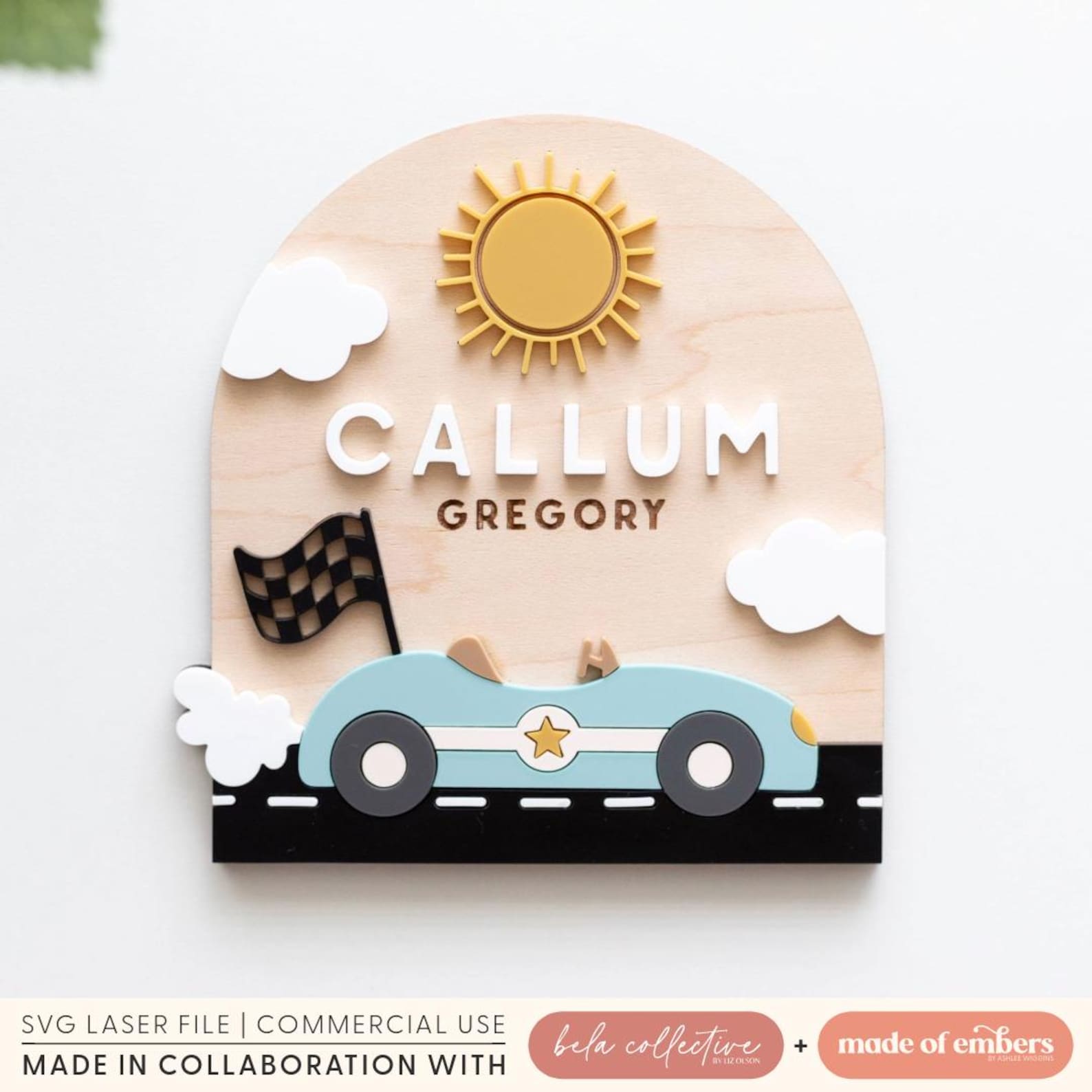 SVG Vintage Race Car Baby Name Sign Acrylic Cut File for Laser Cutting