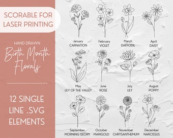 SCORING 12 Birth Month Flowers SVG File Single Line Score File, Hand Drawn Botanical Clip Art Floral Wooden Gift Nursery Foil Quill