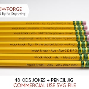 May include: A set of 8 yellow pencils with green and pink accents. Each pencil has a different knock-knock joke engraved on it. The text on the pencils reads: "knock knock - ky - ky you looking at me", "knock knock - mustache - I mustache you a question", "knock knock - who - I didn't know you were an owl!" , "knock knock - Anita - Anita sharpen my pencil!", "knock knock - figs - fix the doorbell, it's not working!", "knock knock - Abe - Abe CDEFG", "knock knock - etch - bless you!" and "knock knock - Alex - Alex-plain later!" The image also includes the text "48 KIDS JOKES + PENCIL JIG COMMERCIAL USE SVG FILE".