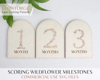 SVG Wooden Arch Baby Milestones - Wildflower Numbers Theme - Digital Cut File for Glowforge Laser, Baby Decor, Mid Century Modern