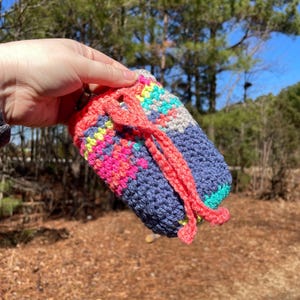 multicolor dice bag, trinket bag with tie, crochet cinch drawstring pouch