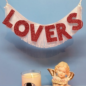 Lovers Glittering Fringe Banner | love banner, fringe wall hanging, decor banner, glitter banner, fringe banner, bedroom decor, elopement