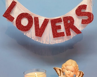 Lovers Glittering Fringe Banner | love banner, fringe wall hanging, decor banner, glitter banner, fringe banner, bedroom decor, elopement