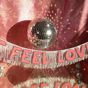 I Feel Love FUN CULT Fringe Banner | wall hanging banner, disco party decor, wedding banner, engagement party banner, fringe wall art