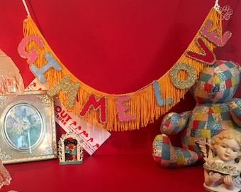 Gimme Love Fringe Banner: Hand-Painted Glitter Wall Decor