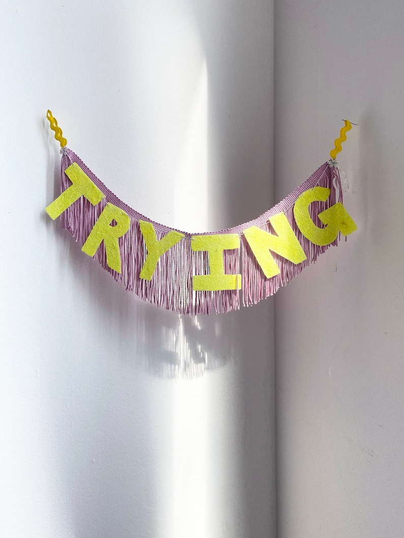 Trying FUN CULT Fringe Banner | trying garland, wall hanging banner, fringe wall hanging, office decor, dorm room decor, funny banner 